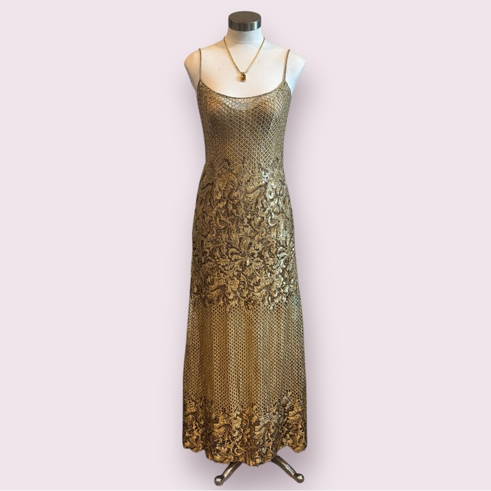 NWT Vintage Custom Peggy Jennings Gown Gold Sequin Crochet & Silk Elegant Dress - Picture 1 of 17